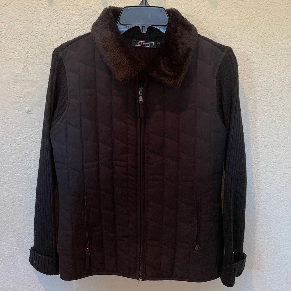 Effeci Puffer Jacket Faux Fur Hood Woman's M Medium Brown Like New Long Sleeve